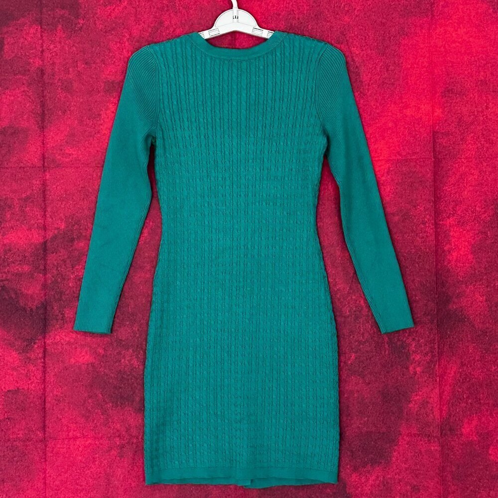 TAYLOR WOMEN'S SIZE S-SMALL GREEN CABLE-KNIT SWEATER DRESS GOLD BUTTON STRETCH - Picture 3 of 12